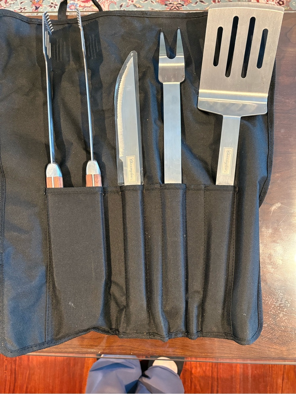 4-Piece Stainless Steel Serving Utensil Set with Wood-Accent Handles - Black